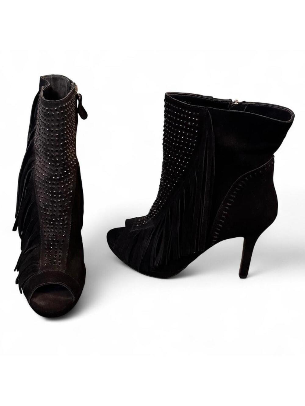 Black faux suede fringe ankle stiletto boots with studs #fringeboots
